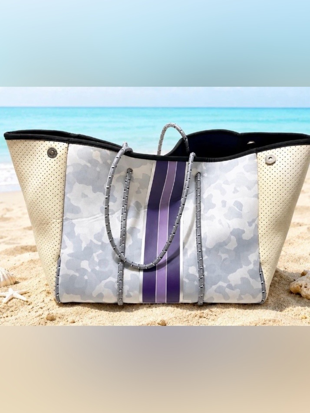 Taylor Gray KENNI Neoprene Tote Large Expandable Purple Gray Ivory Camo Bag